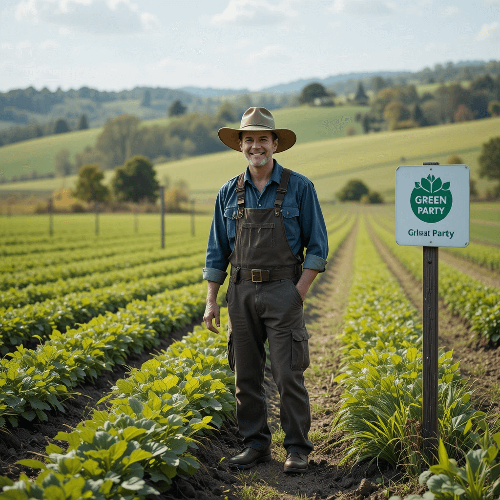 Rural farmer embraces Green Party’s sustainable agriculture policies in 2025.