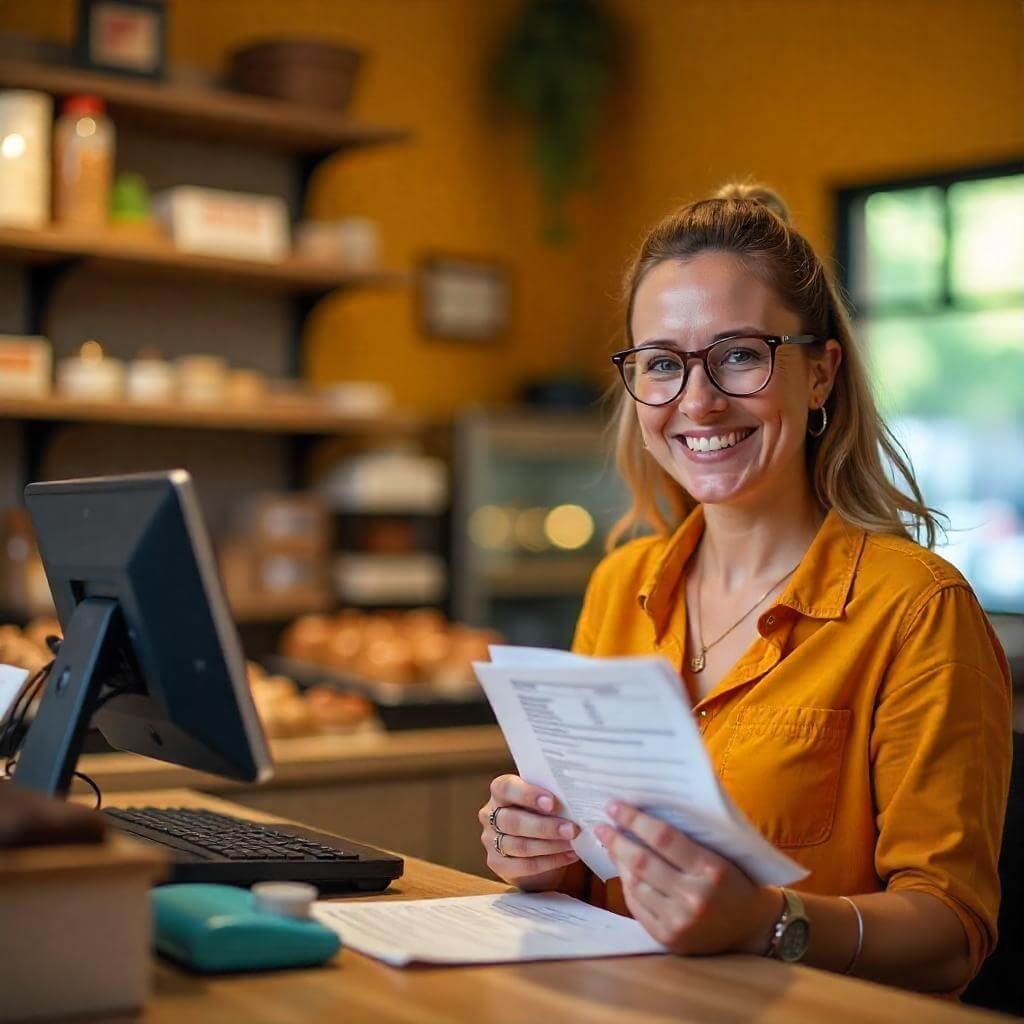 A small business owner at a shop counter, smiling, with tax-related items.