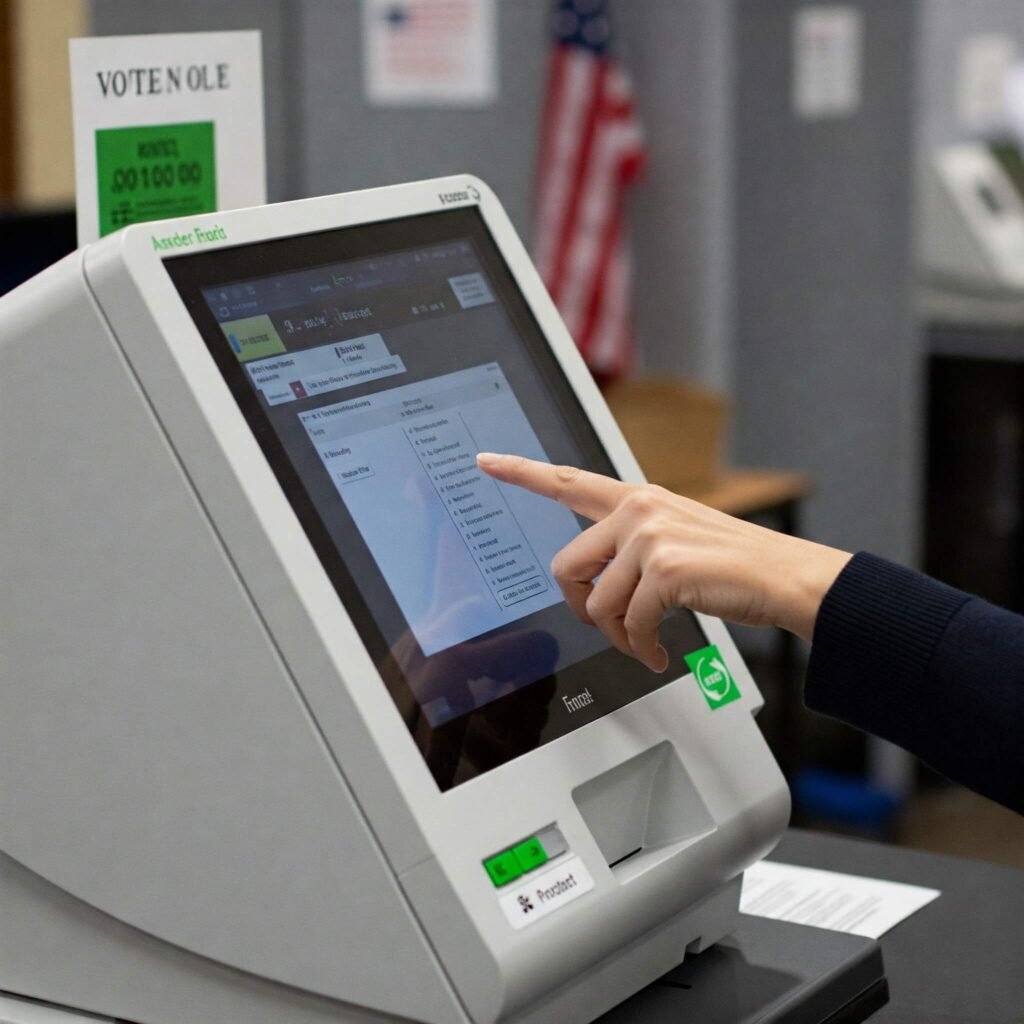 Voter interacting with an electronic voting machine.