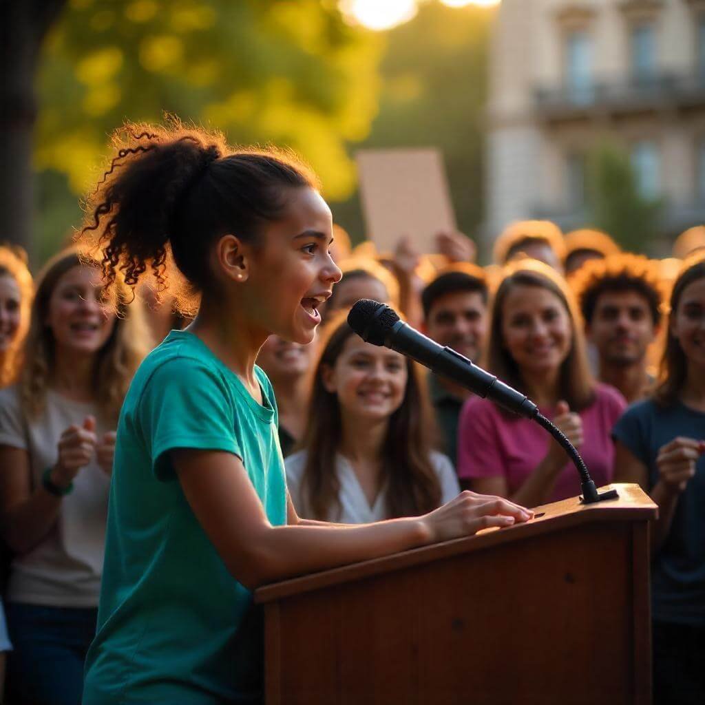 A young activist speaking passionately at a podium, with a diverse crowd cheering.