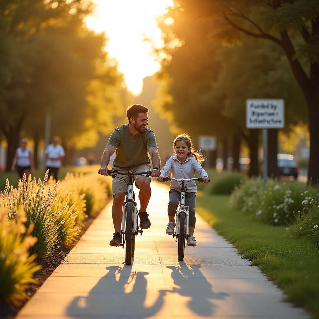 Families enjoying a bike path funded by Infrastructure Bill 2025 projects.