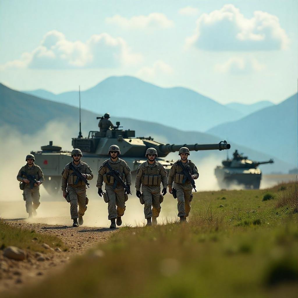 NATO troops and Indo-Pacific allies in a joint military exercise, featuring diverse uniforms, tanks, and helicopters in a training field.