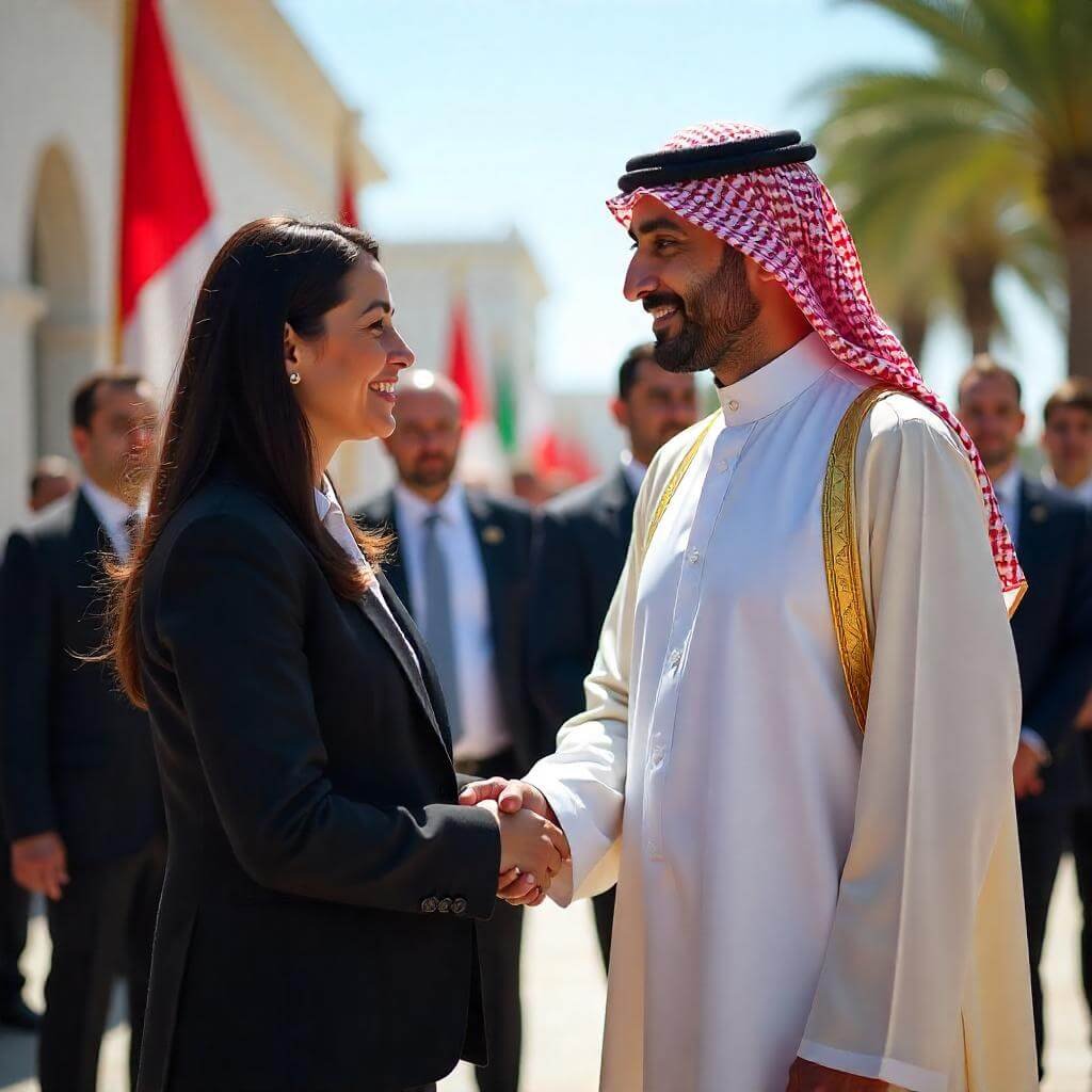 Use vibrant regional colors (red, white, green) for cultural resonance and a diplomatic tone.