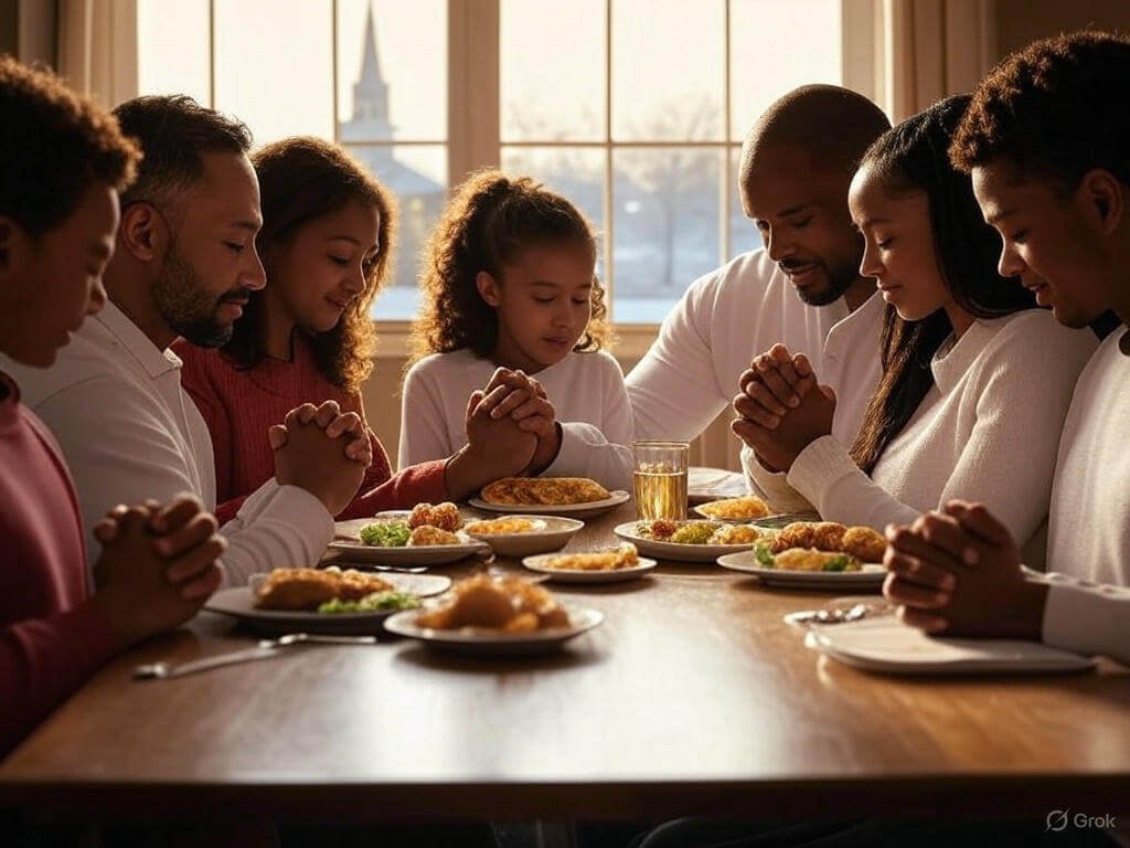 Diverse American family praying at a dinner table with wholesome food, a church steeple visible through the window, reflecting GOP’s 2025 cultural values.