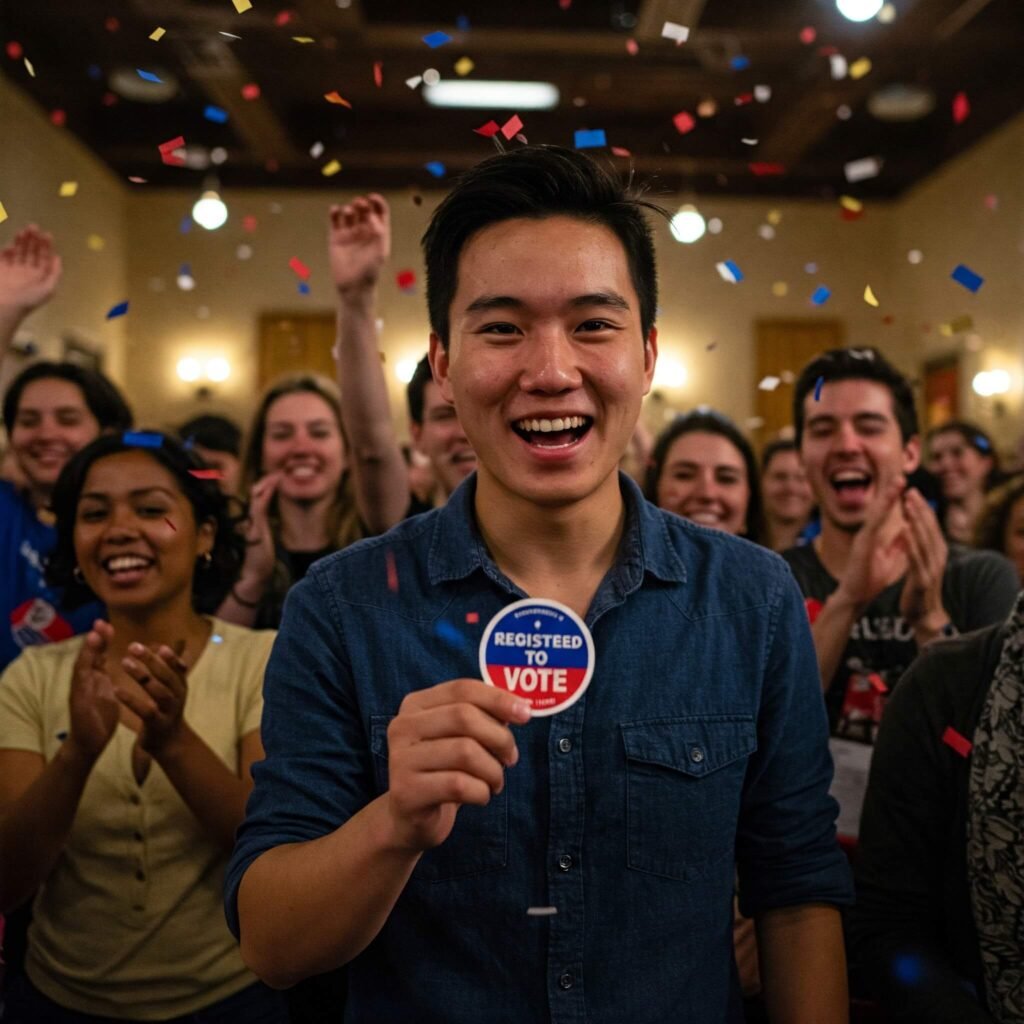 Young voter celebrating registration.