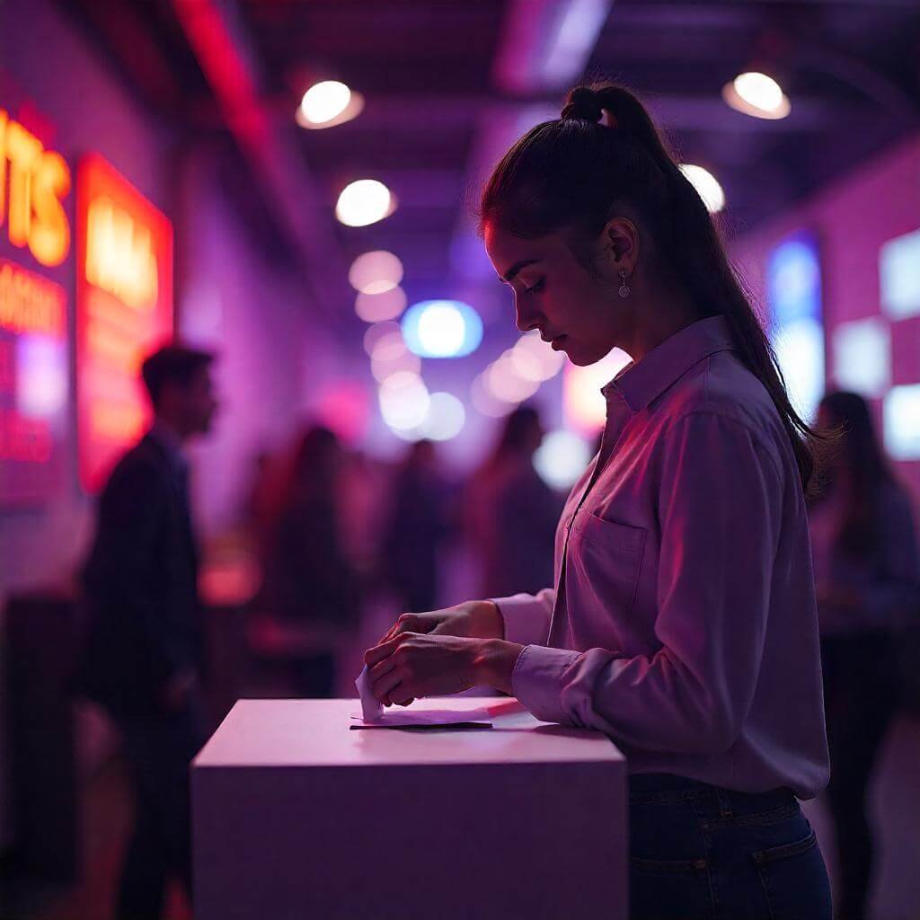 young voter casting a ballot, with a futuristic, tech-inspired background.