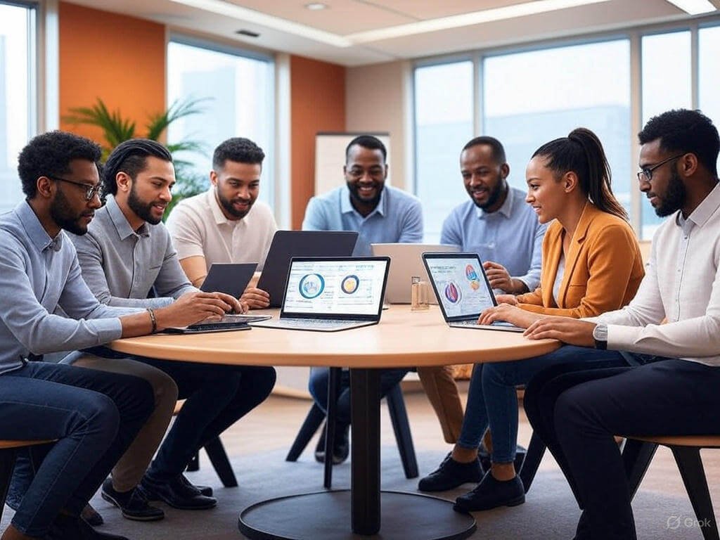 Diverse professionals in a meeting analyzing governance data on laptops, in warm beige and orange tones, symbolizing collaboration and inclusivity.