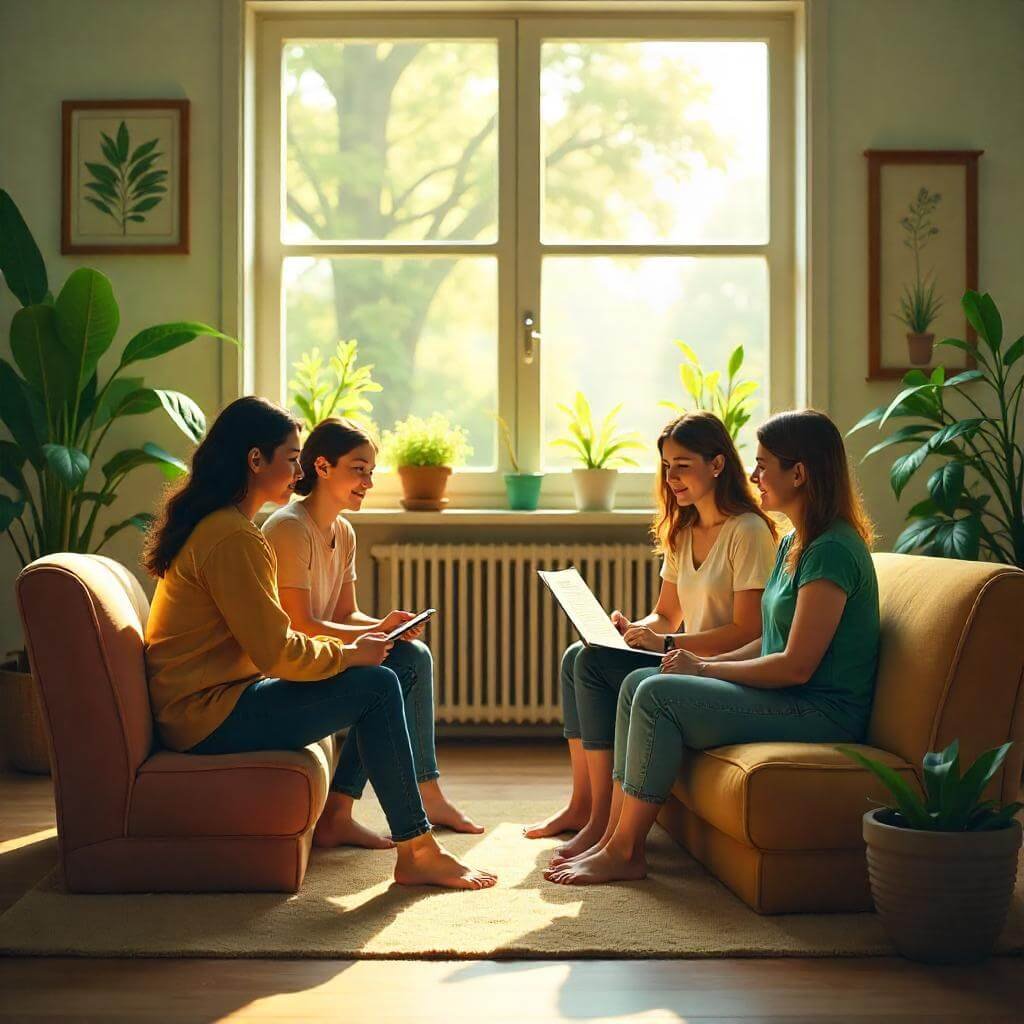 Small group in a circle, facilitator, cozy room with plants.