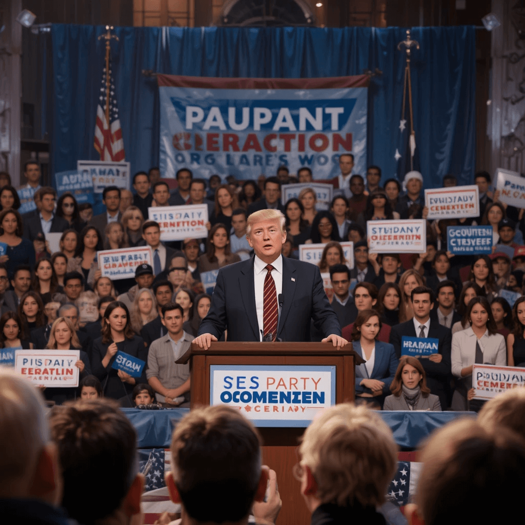 Photo-realistic image of a third-party candidate at a debate podium