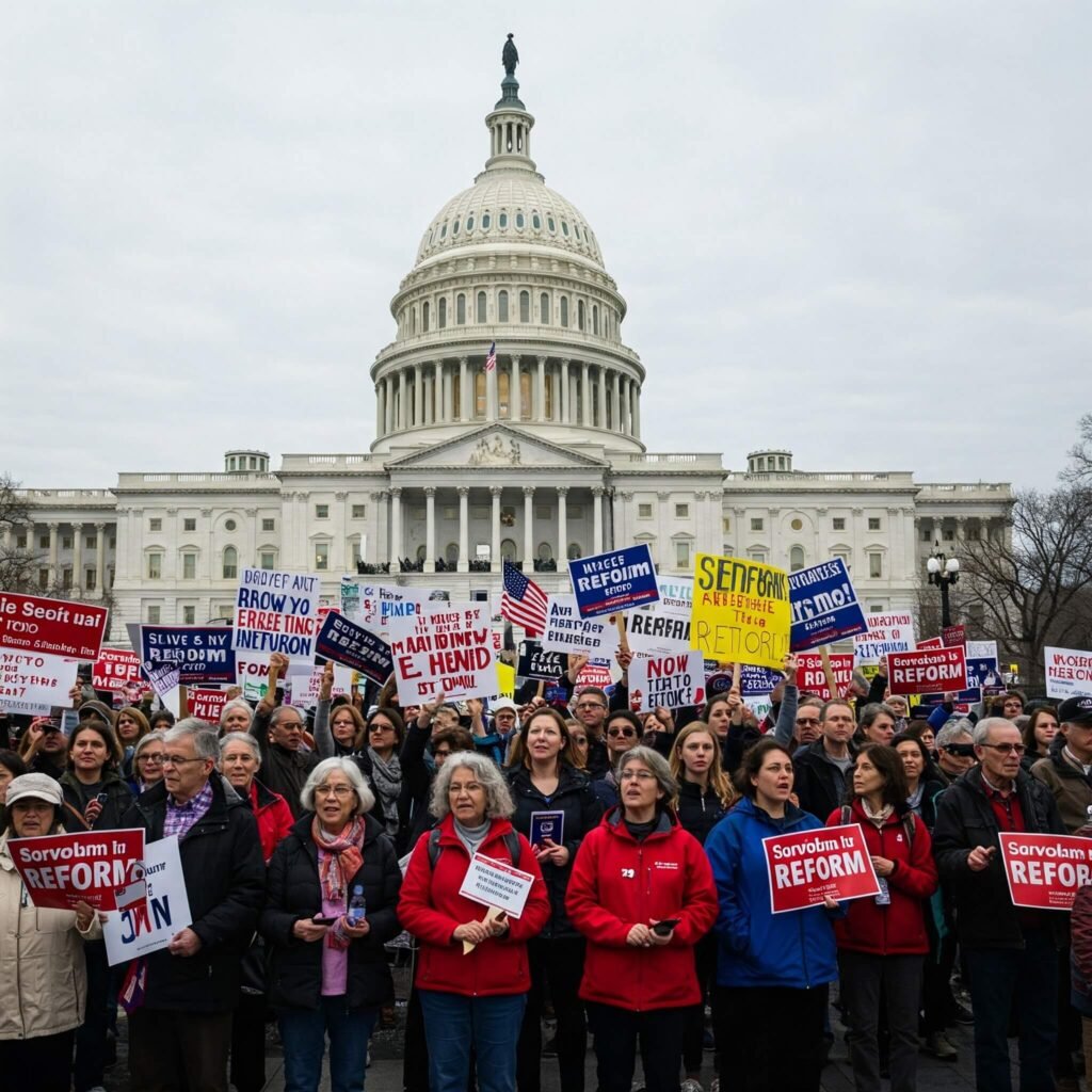 Diverse crowd advocating for reform near U.S. Capitol.