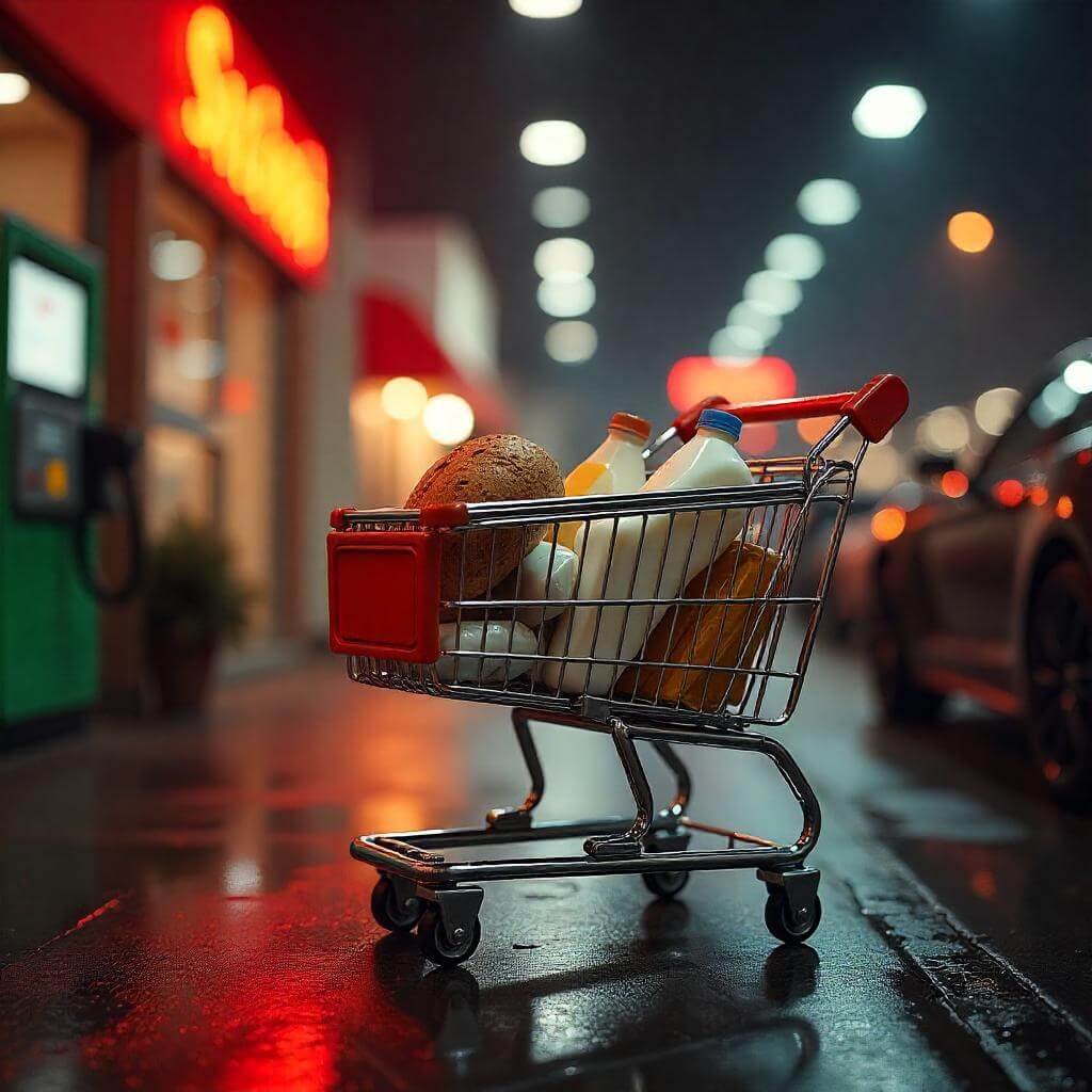 rising costs, showing a shopping cart with groceries