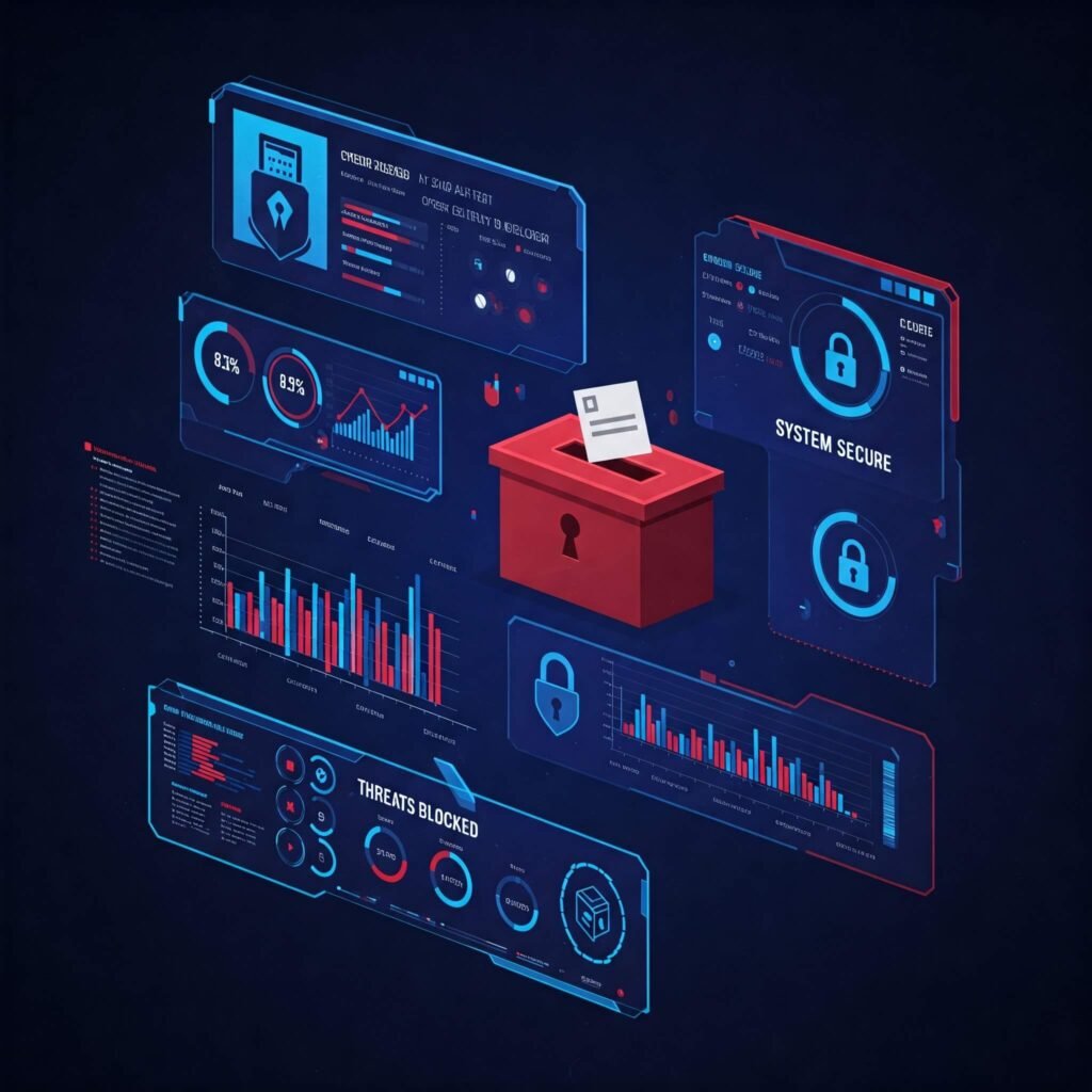 Cybersecurity dashboard monitoring election threats.