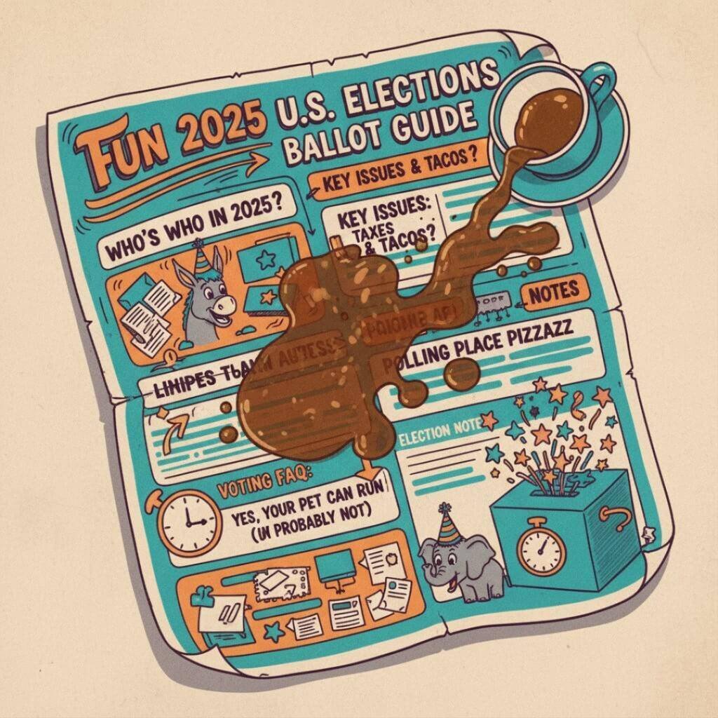 Fun 2025 U.S. elections ballot guide illustration, exploding with vibrant colors and chaotic energy.