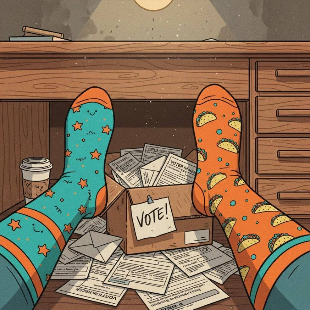 Chaotic 2025 U.S. elections prep image, socks and ballots in optimistic, popping teal-orange tones.