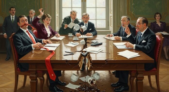 Impressionistic painting: diplomats at a split table, papers and coffee falling, comically long tie.