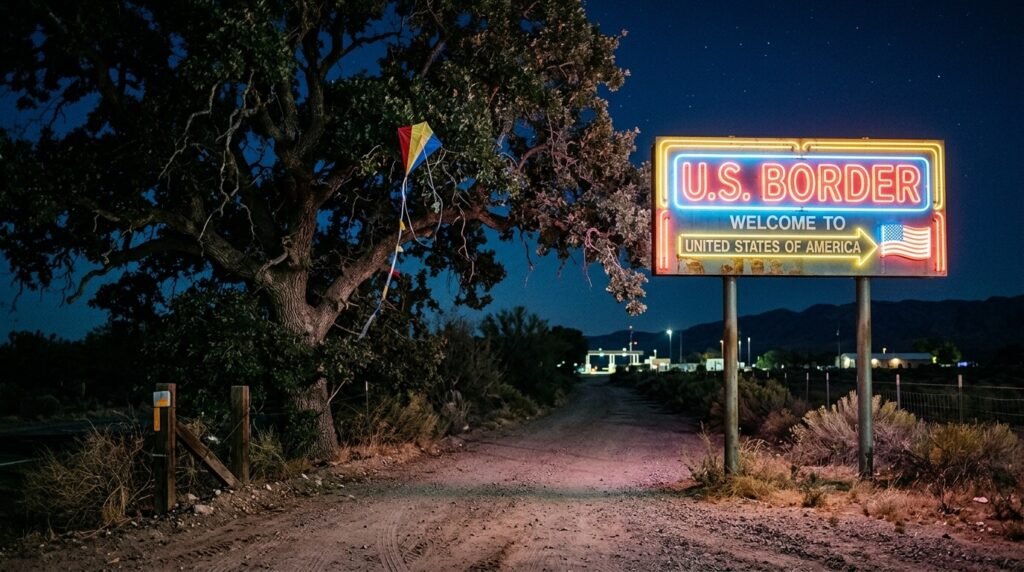 A retro neon U.S. Border sign with a kite caught in a tree.