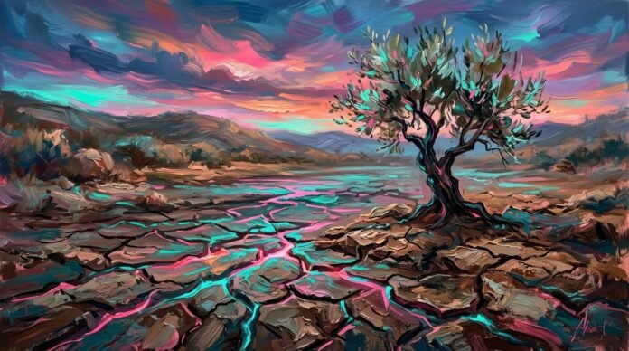 Impressionistic digital painting: Cracked riverbed, neon teal/pink, lone olive tree.