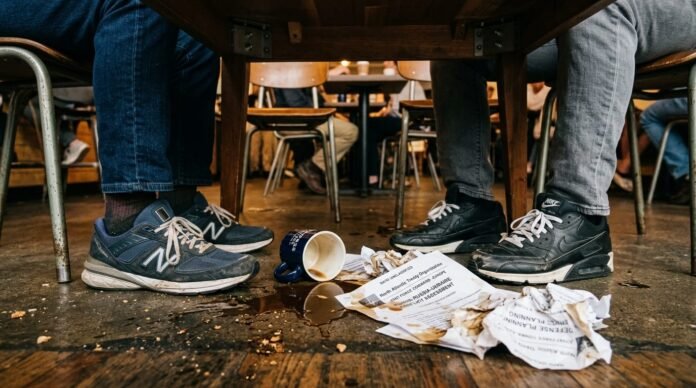 Under-table view of sneakers, spilled coffee, and crumpled NATO reports in a D.C. coffee shop.