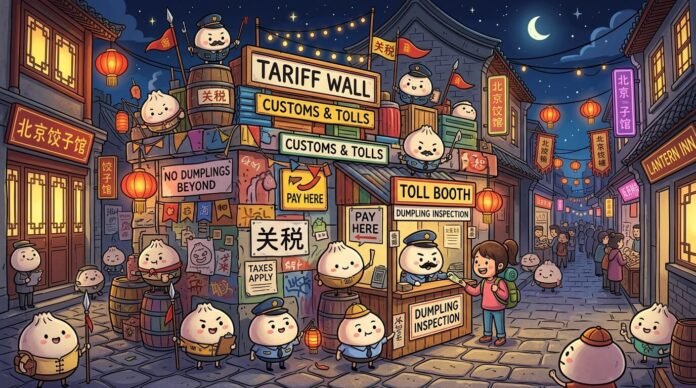 Cartoonish tariff wall with quirky dumplings in a Beijing alley at night.