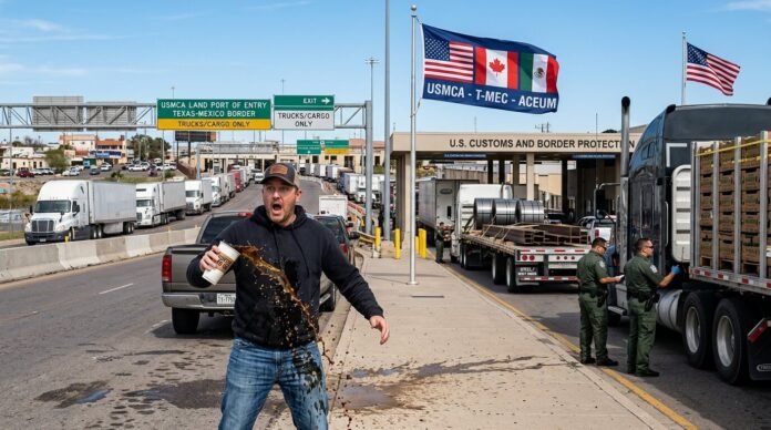 USMCA border scene: trucks with avocados/steel, USMCA flag, me spilling coffee.