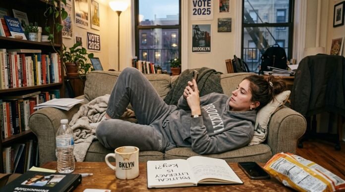 A messy desk with a laptop displaying a voter guide, a bagel, and a neon sticky note.