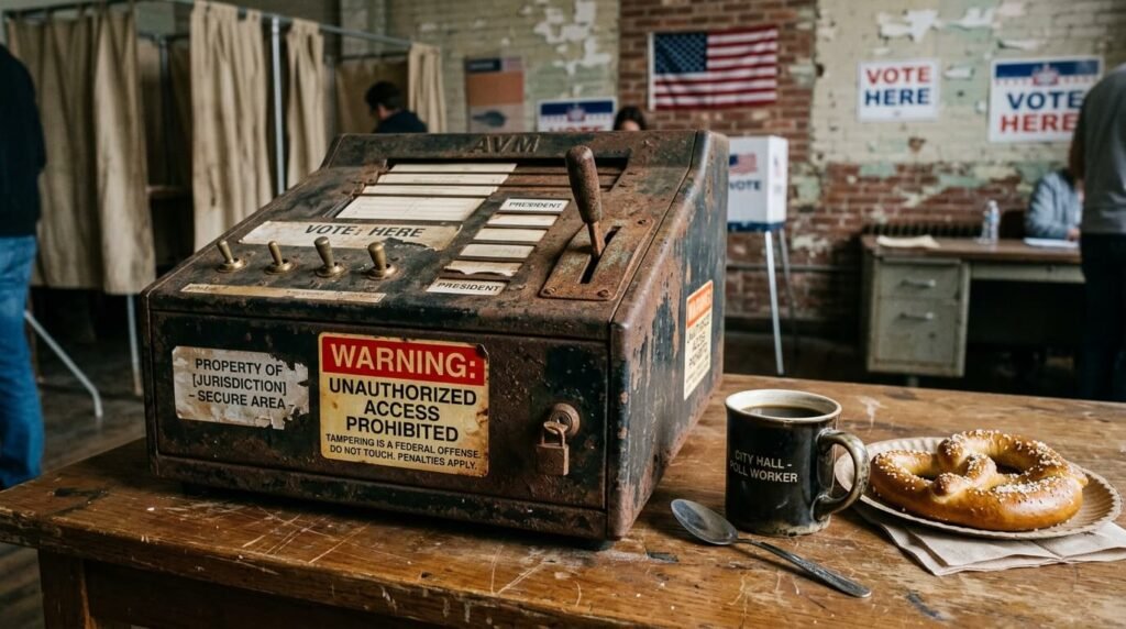 Rusty voting machine with "Unauthorized Access" warnings, coffee mug, and pretzel.
