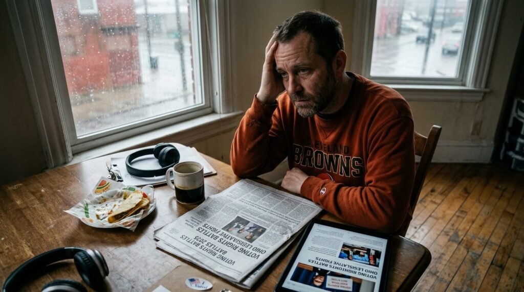 A disheveled person fumbles stained documents under harsh lights, with coffee ghosts.