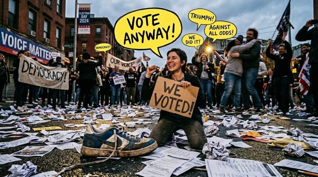 Crumpled ballots, lone sneaker, and "Vote anyway!" speech bubbles, bittersweet triumph.
