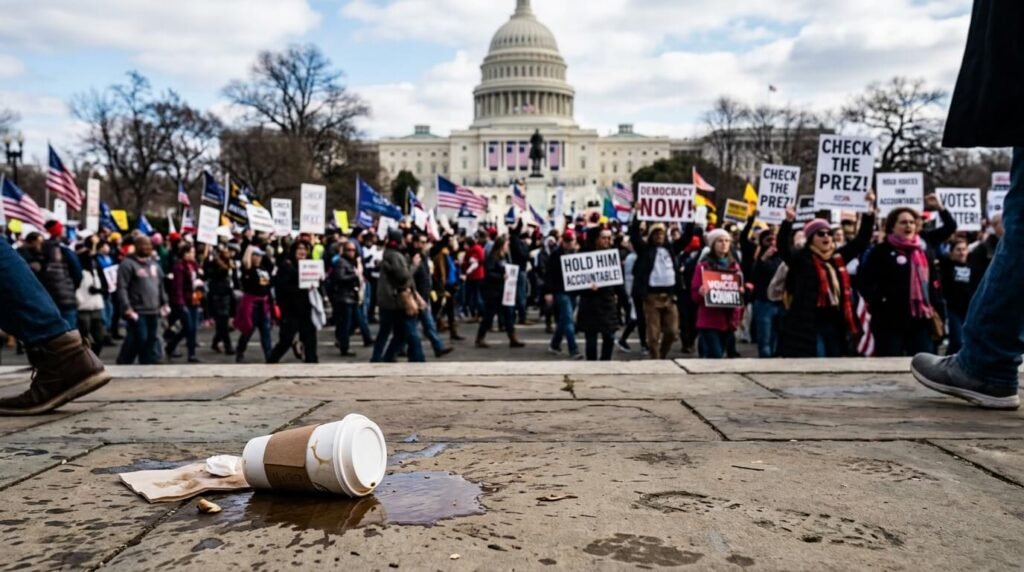 Spilled coffee cup foregrounds a vibrant, blurred Capitol protest with "Check the Prez!" signs.
