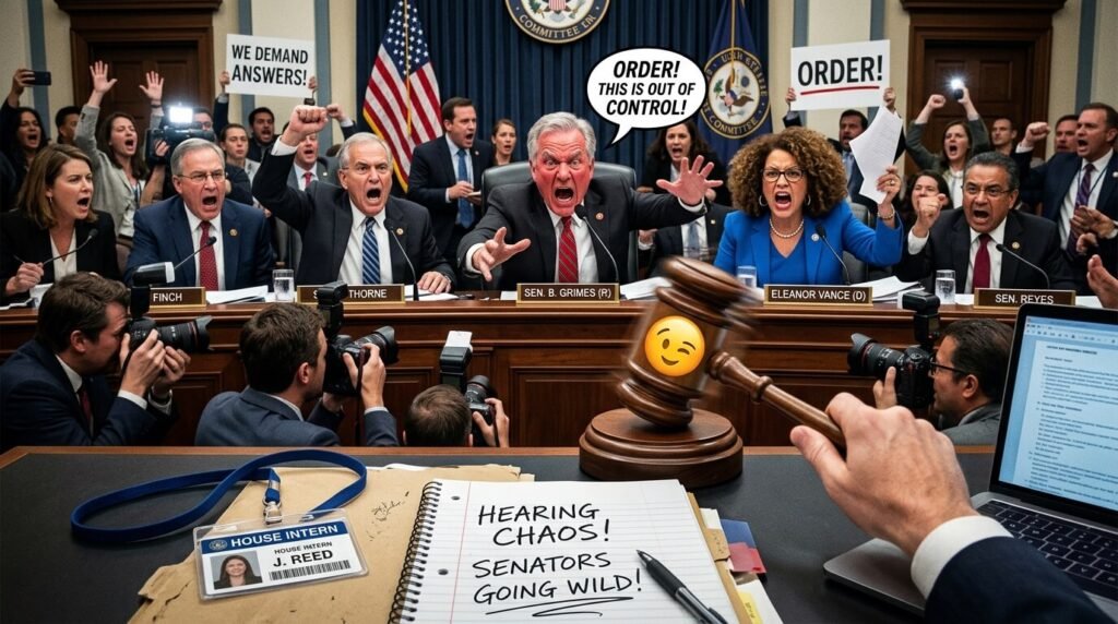 Chaotic congressional hearing from intern's POV, exaggerated senators, gavel with winking emoji.