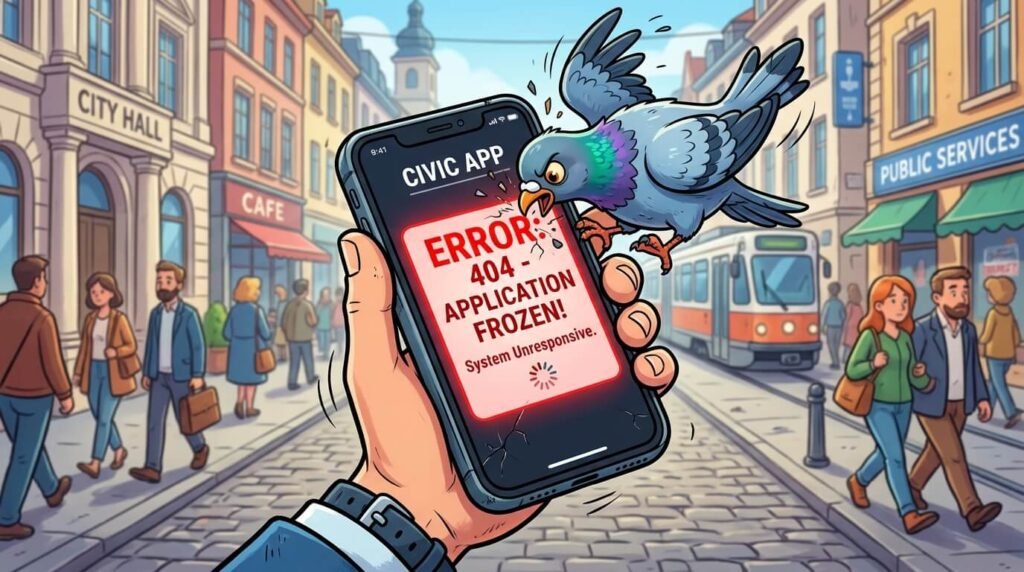 Smartphone with frozen civic app error, red message, cartoon pigeon pecking.