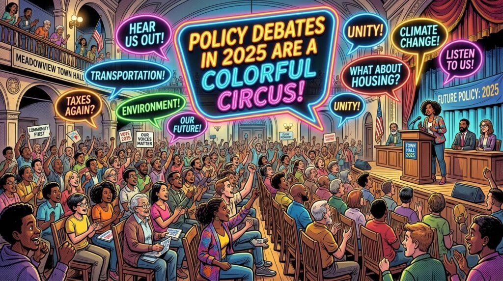 Comic-book town hall, diverse crowd, neon speech bubbles, "Policy debates in 2025 are a colorful circus!"