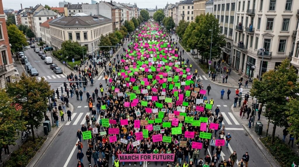 Coffee shop table buried under laptops, flyers, and a half-spilled "VOTE!" latte.