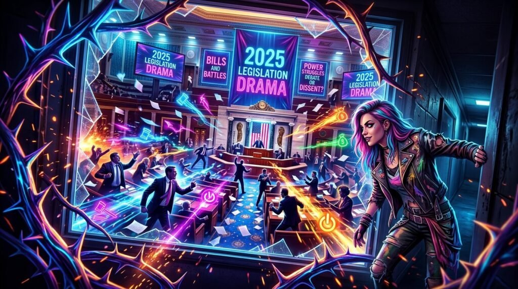 Thorn-in-the-side view of 2025 legislation drama, bursting with electric hues.