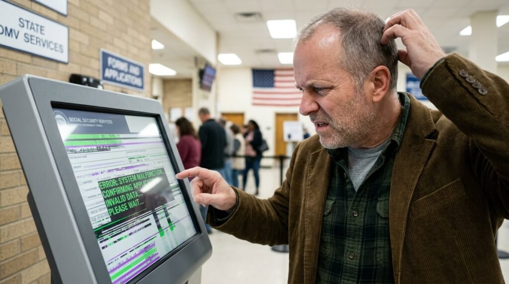 Man squinting at a glitching government touchscreen, confused but curious.