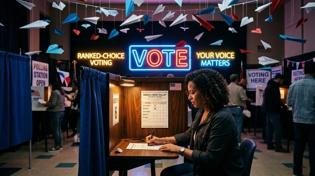 Diverse crowd at polling station, ranked-choice ballots, vintage campaign buttons.