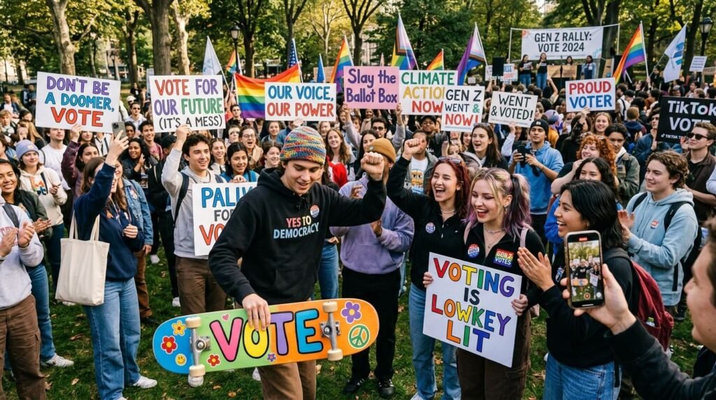 Gen Z rally in park, colorful banners, phones, "Vote" skateboard, humorous vibe.