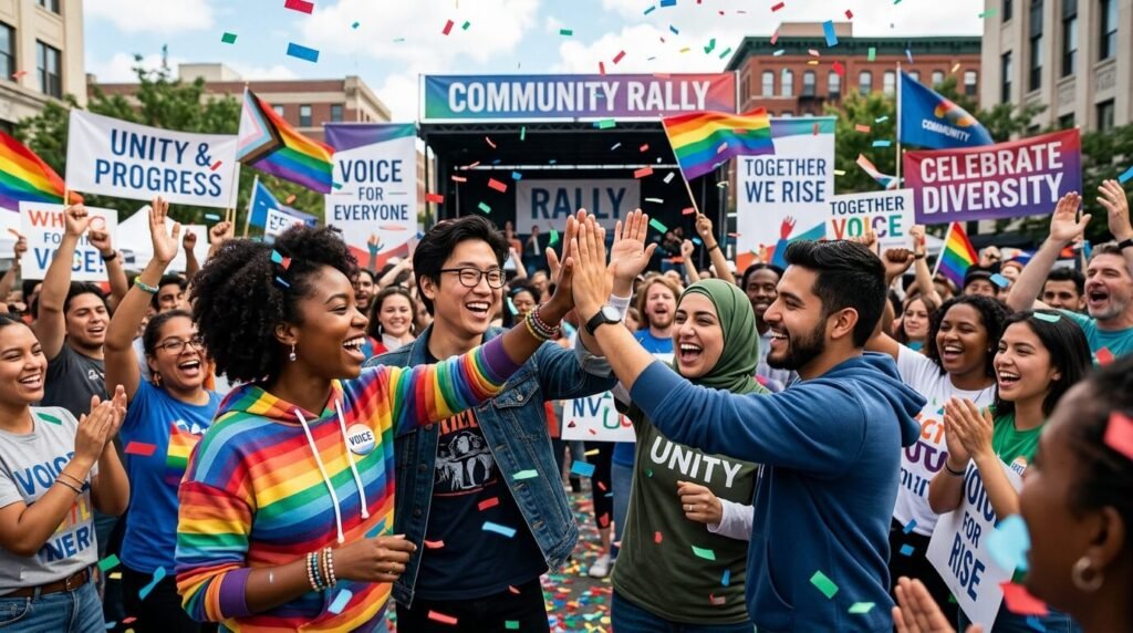 An urban map with glowing protest routes, blooming signs, and quirky notes.