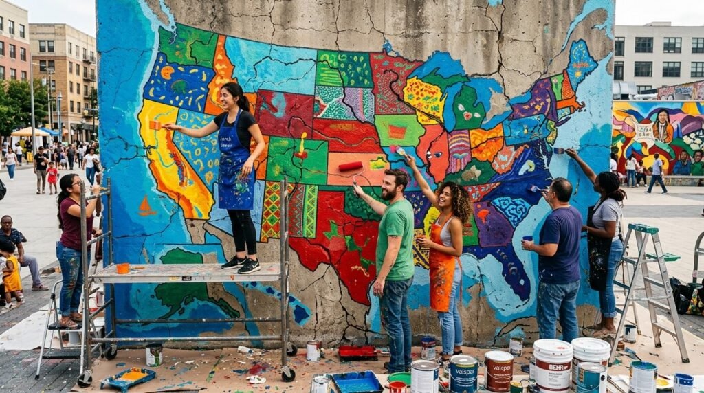 People paint a cracked U.S. map mural with vibrant colors.