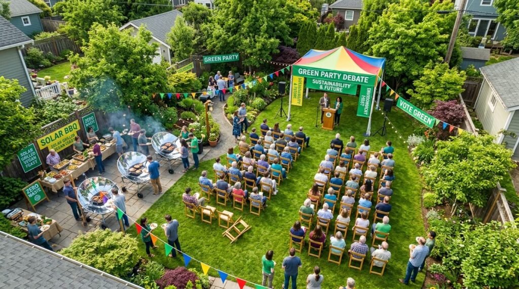 Overhead BBQ: Green Party debate, solar grills, tipped chair, vibrant backyard.