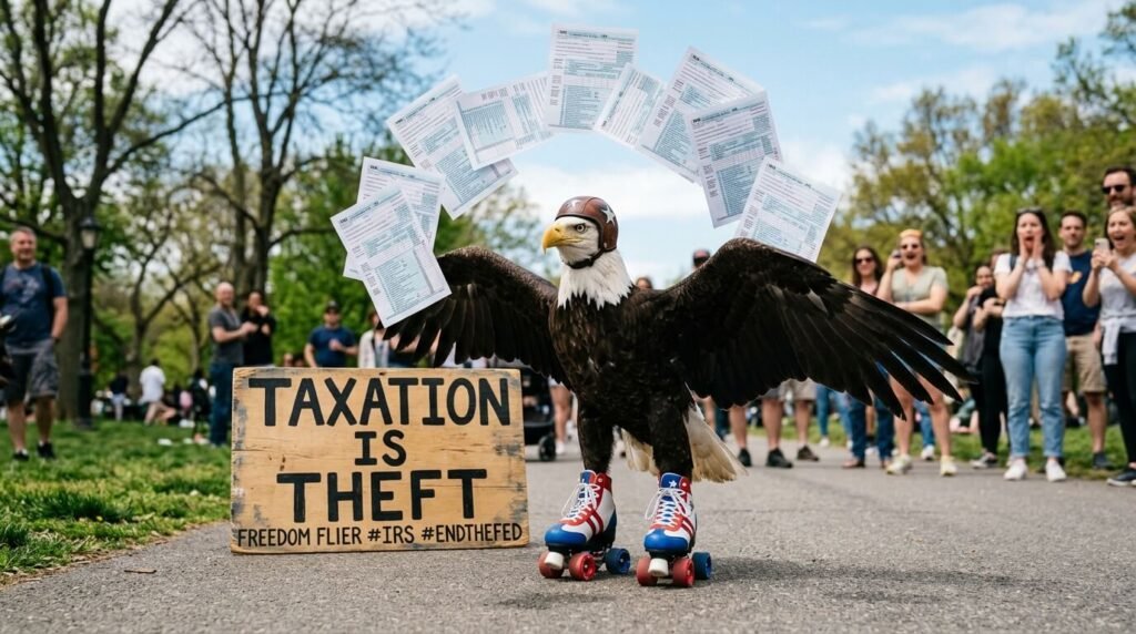 A bald eagle on roller skates juggles tax forms above a "Taxation is Theft" sign.