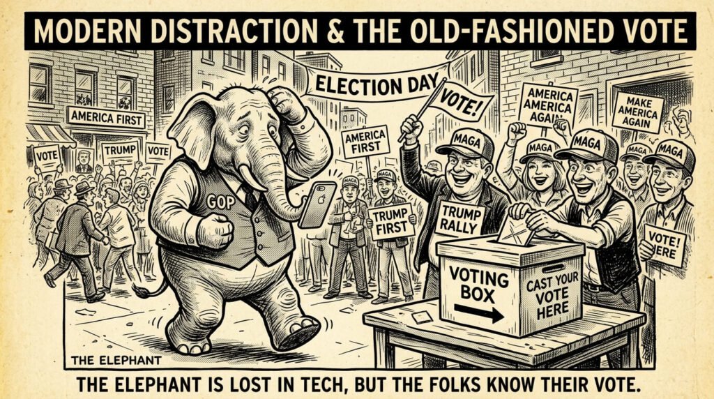 Vintage political cartoon: elephant, smartphone, ballot box, figures in MAGA hats.