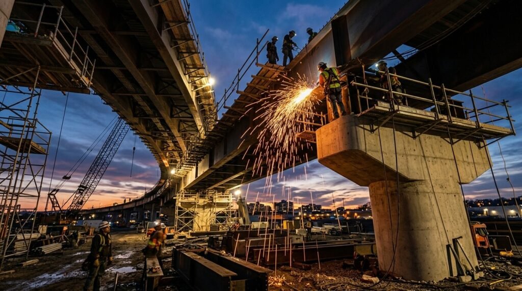 Low-angle shot of bridge construction at dusk with workers and sparks.