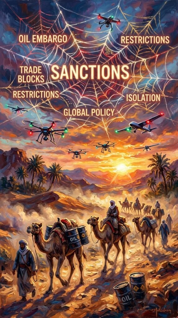Impressionistic desert scene: drones, camels with oil barrels, sanctions web, glowing colors.