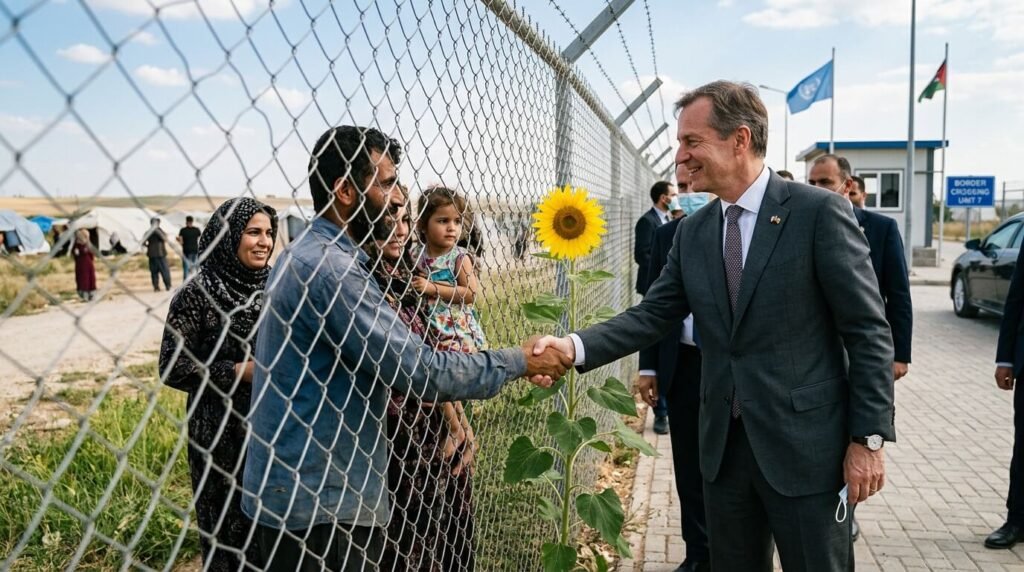 A diplomat shakes hands with a migrant family across a fence, with a sunflower.