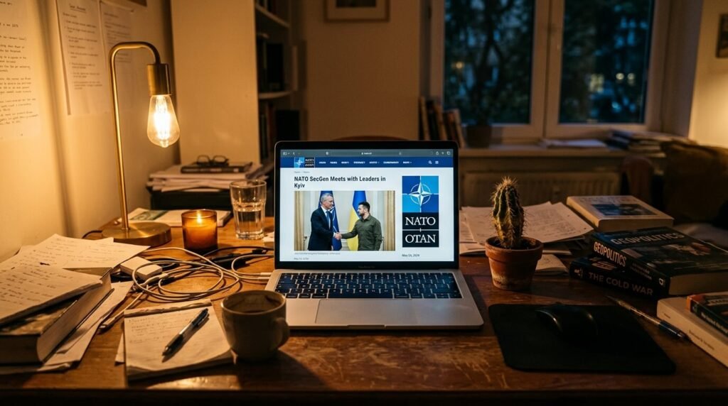 Messy desk with laptop showing NATO post, sad cactus, and amber light.