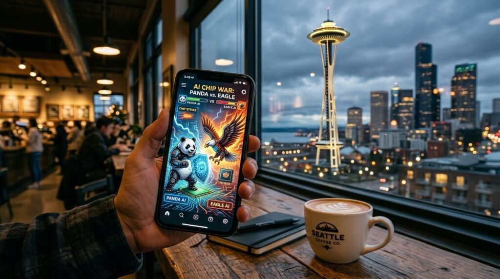 Phone displaying panda-eagle AI chip battle, coffee and Seattle skyline in background.