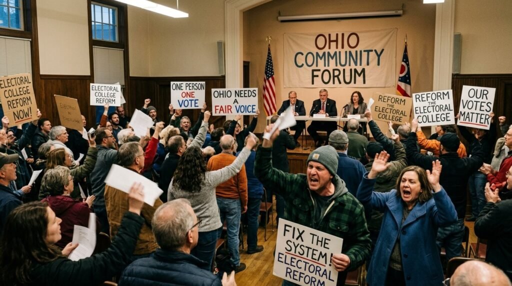 Chaotic Ohio town hall, people yelling for electoral college reform.