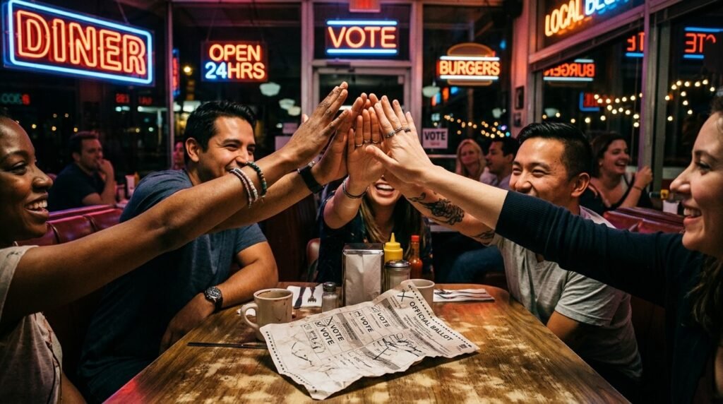 Coffee-stained doodle of wrestling figures representing battleground states.