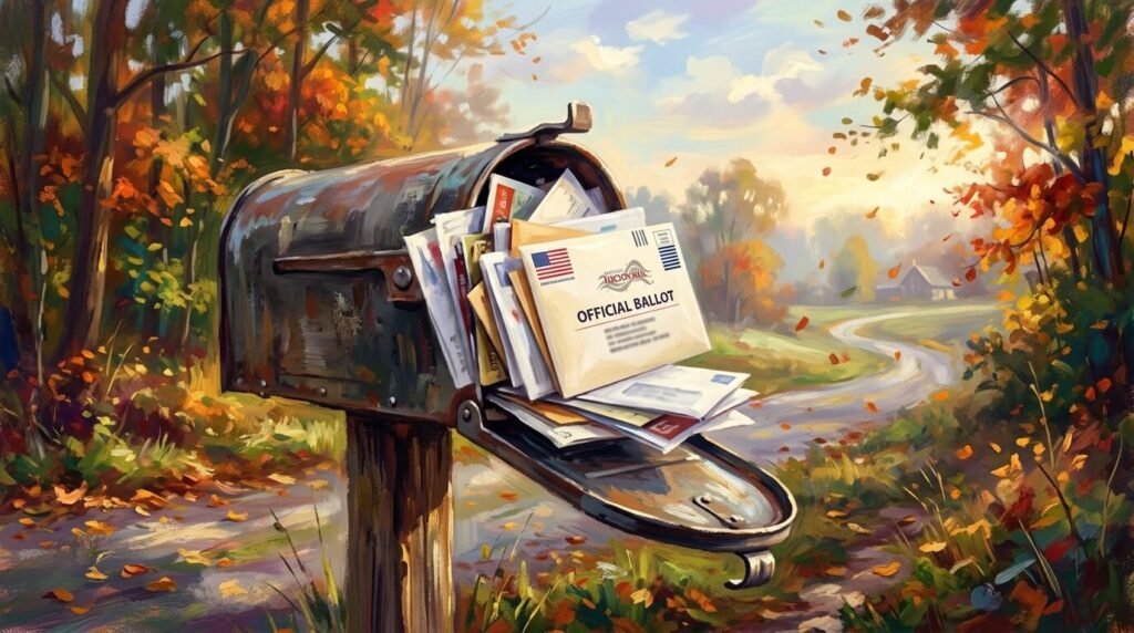 Impressionistic digital painting of a stuffed mailbox with a ballot envelope.